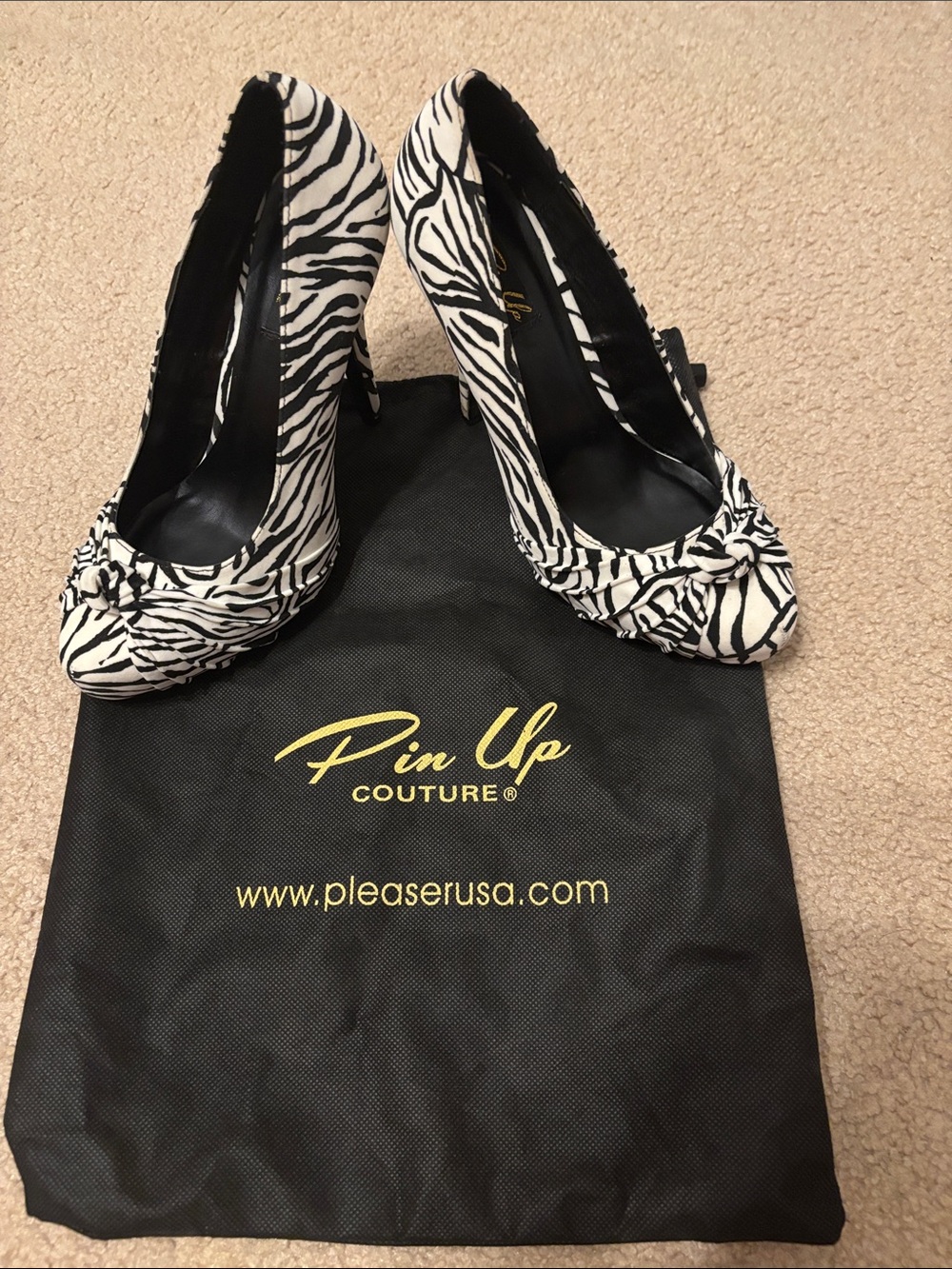 Pinup Couture Black and White Zebra Knot Peep-Toe Heels